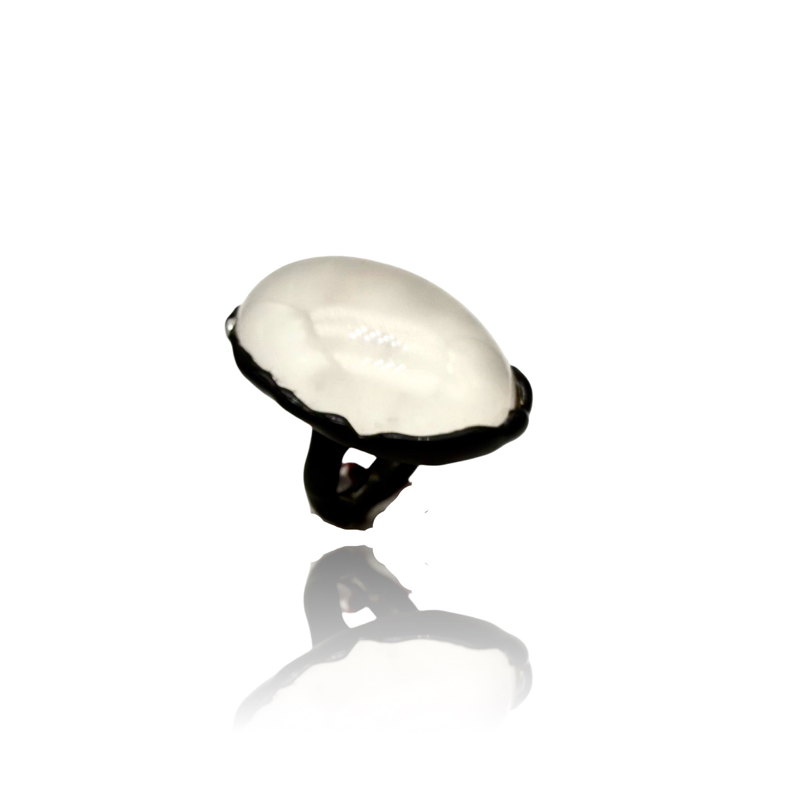 Sterling Silver Ring in black enamel with quartz cabochon