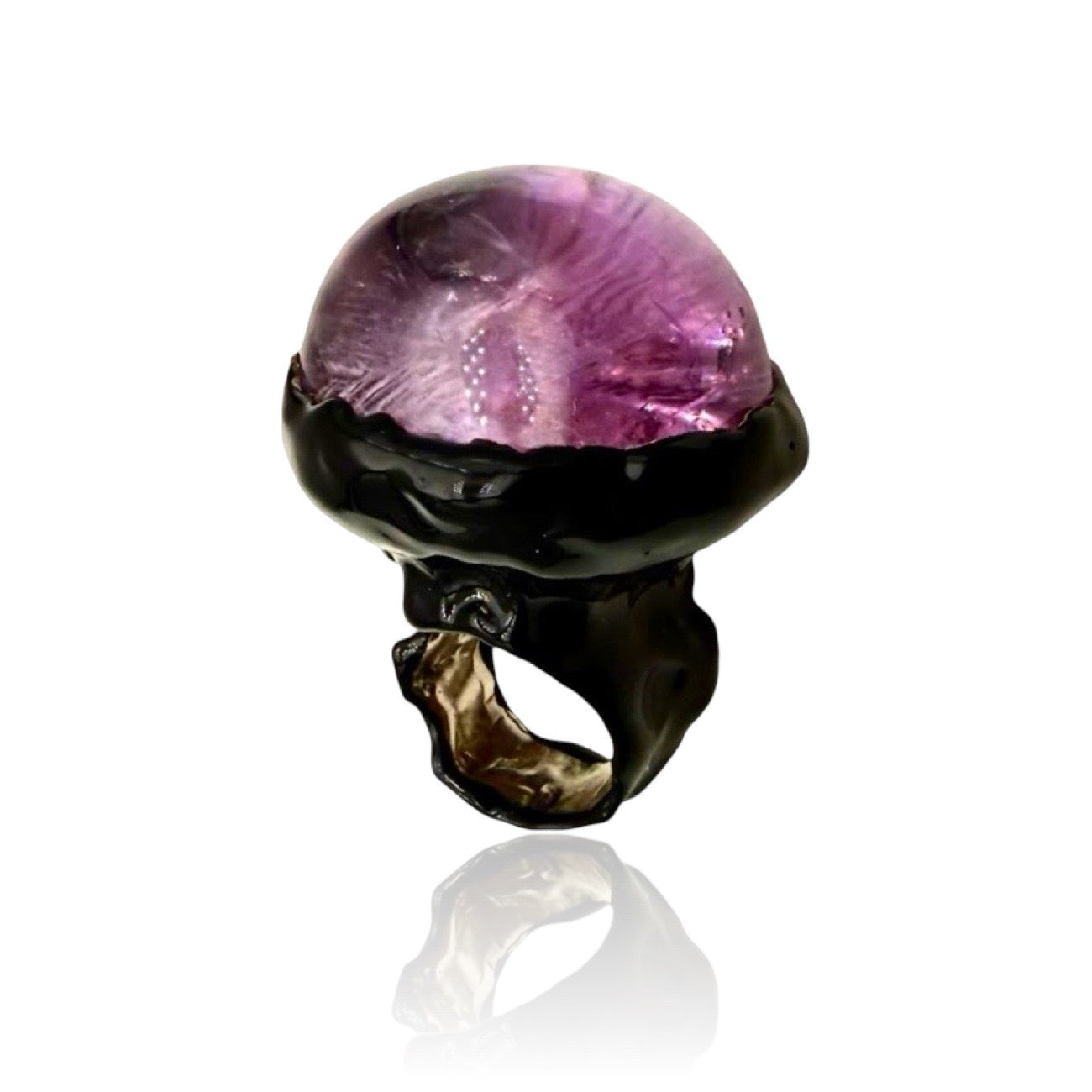 Sterling Silver crateri Ring in black enamel with big ametiste cabochon