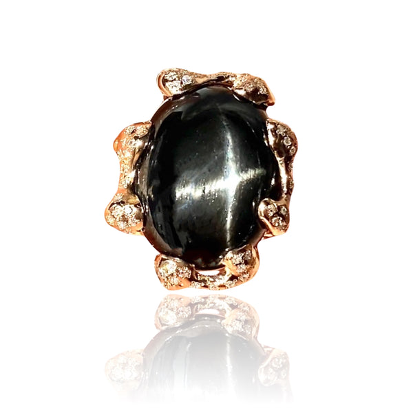 Rose gold Quercus Ring with Black Star Diopside  and Diamonds