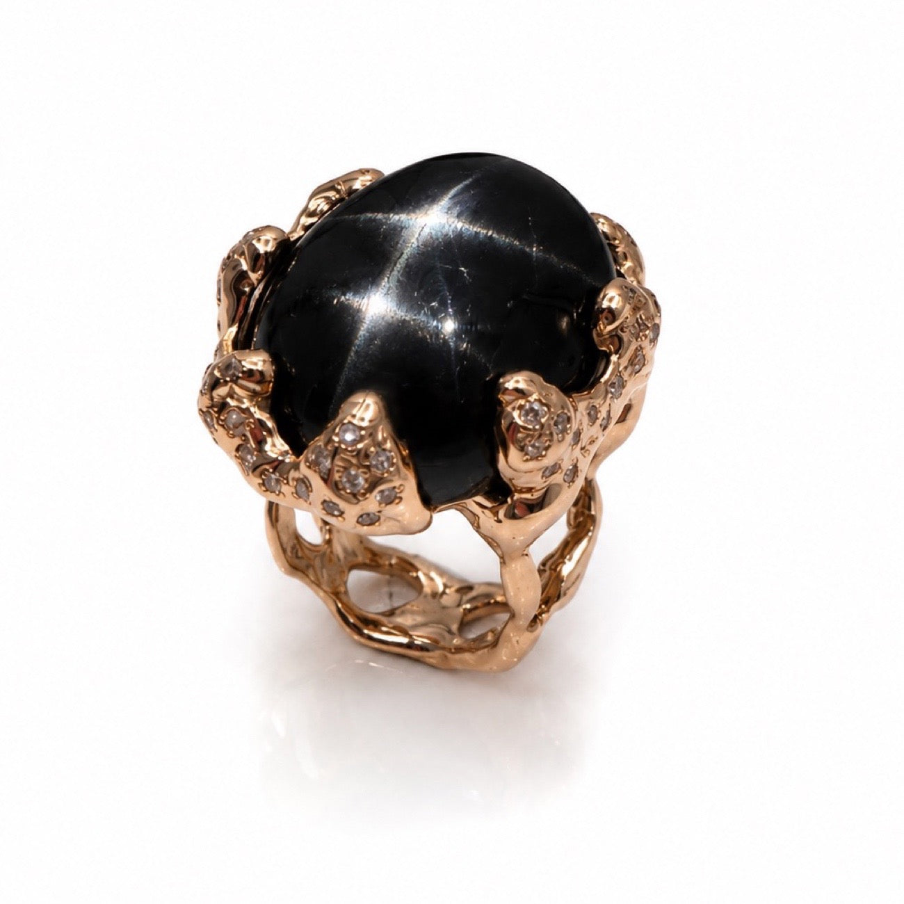 Rose gold Quercus Ring With Black Star Diopside and Diamonds