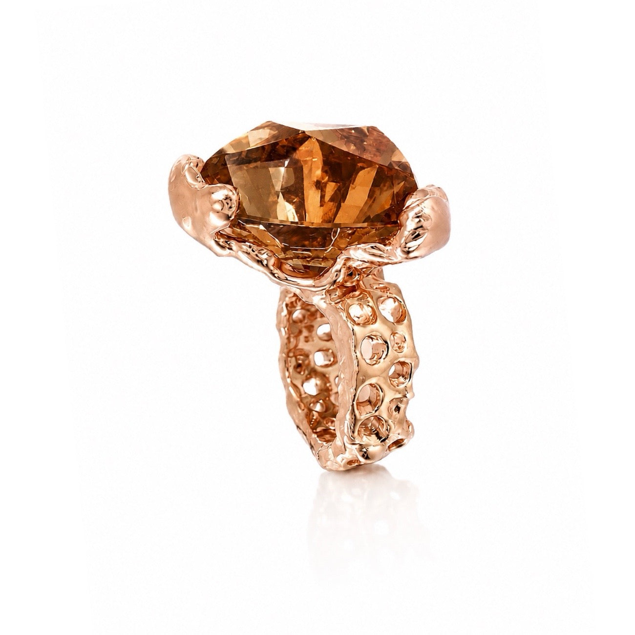 Sterling Silver plated Vermeil Rose Gold plated Pois Ring with Smokey Quartz Trillon cut