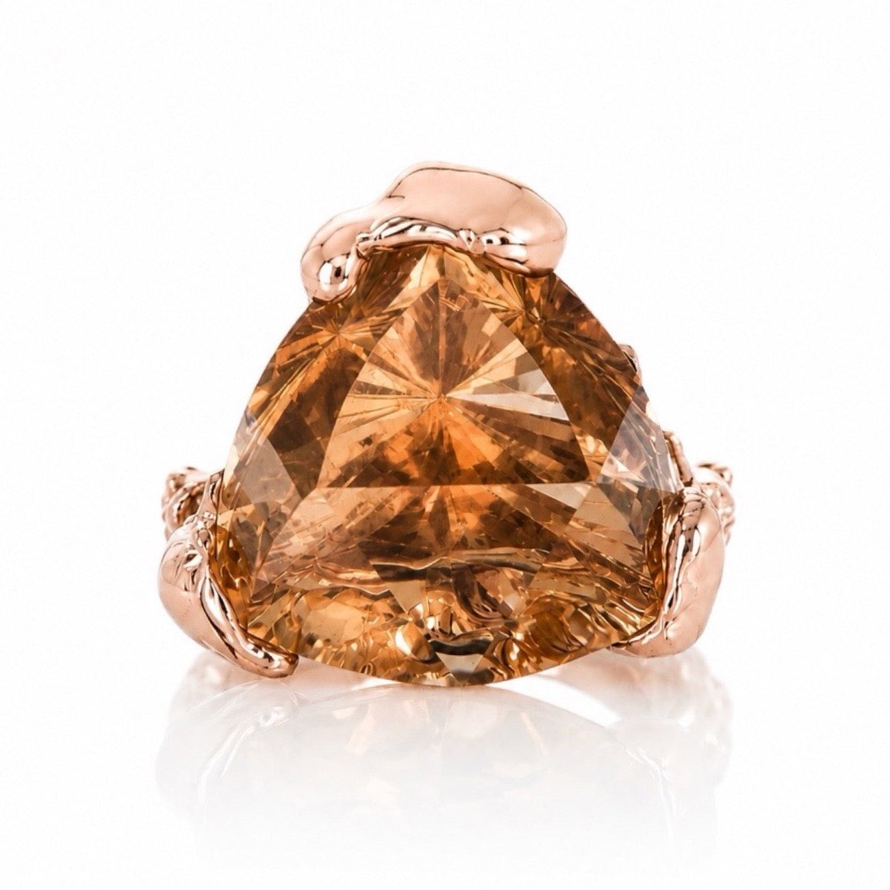 Sterling Silver plated Vermeil Rose Gold plated Pois Ring with Smokey Quartz Trillon cut
