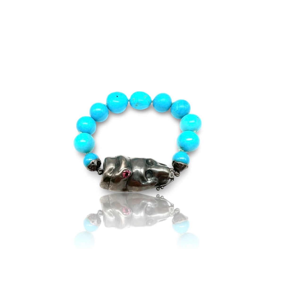 Sterling Silver Big Skull bracelet with turquoise and red tormaline