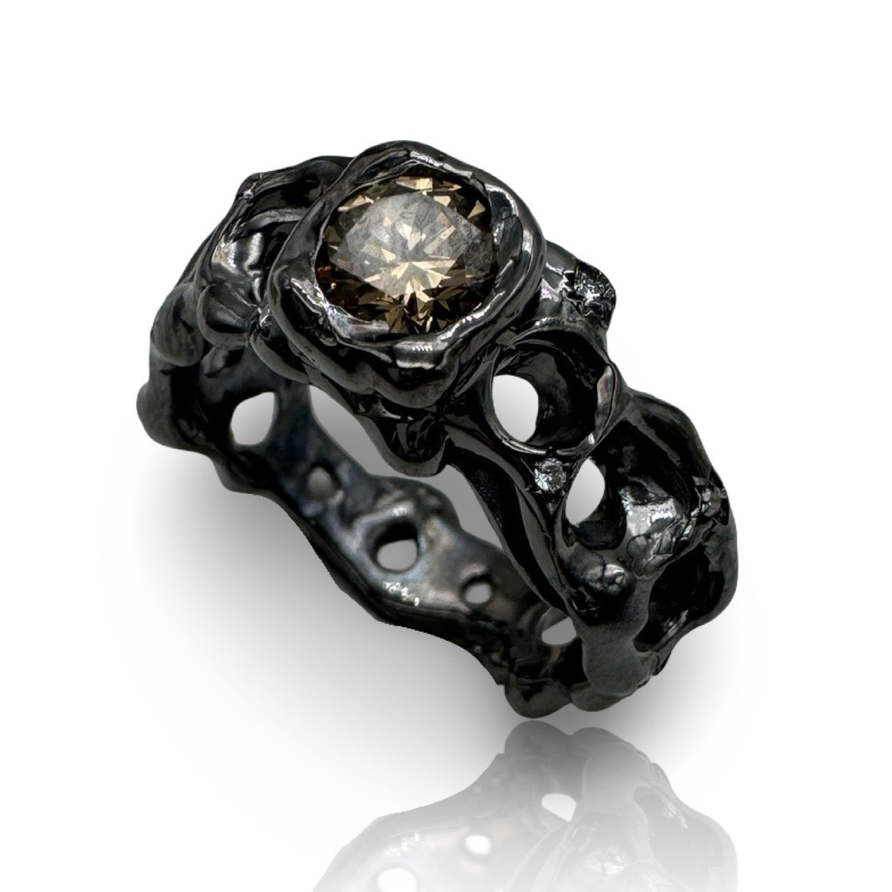 18 kt Black Gold Dentini Ring with central brown diamond and white small diamonds