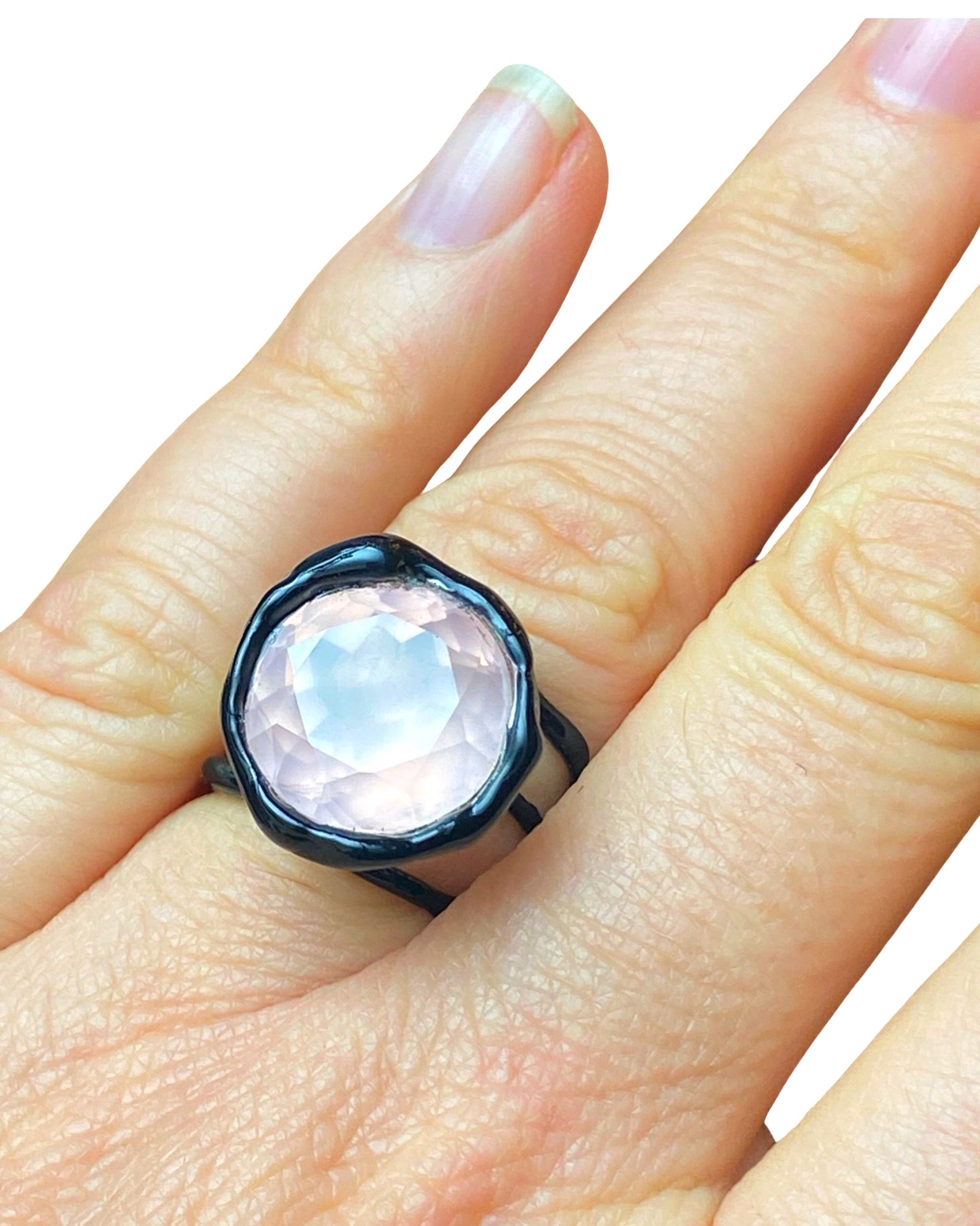 Silver Enamel Black Plated Ring With Rose Round Quartz