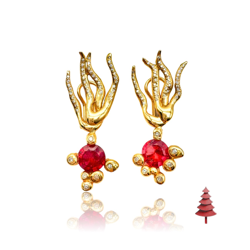 18kt Gold Earrings with red Tourmaline and diamonds