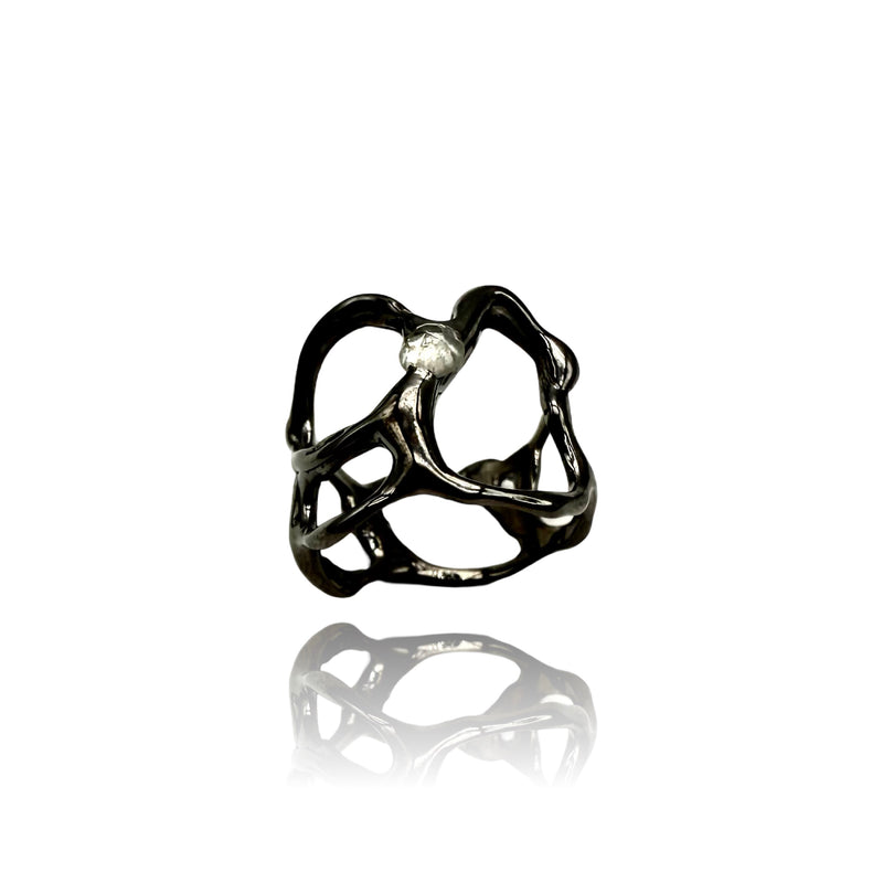 Puffy ring in Silver and black rhodium  plated Organic Band with icy Diamond