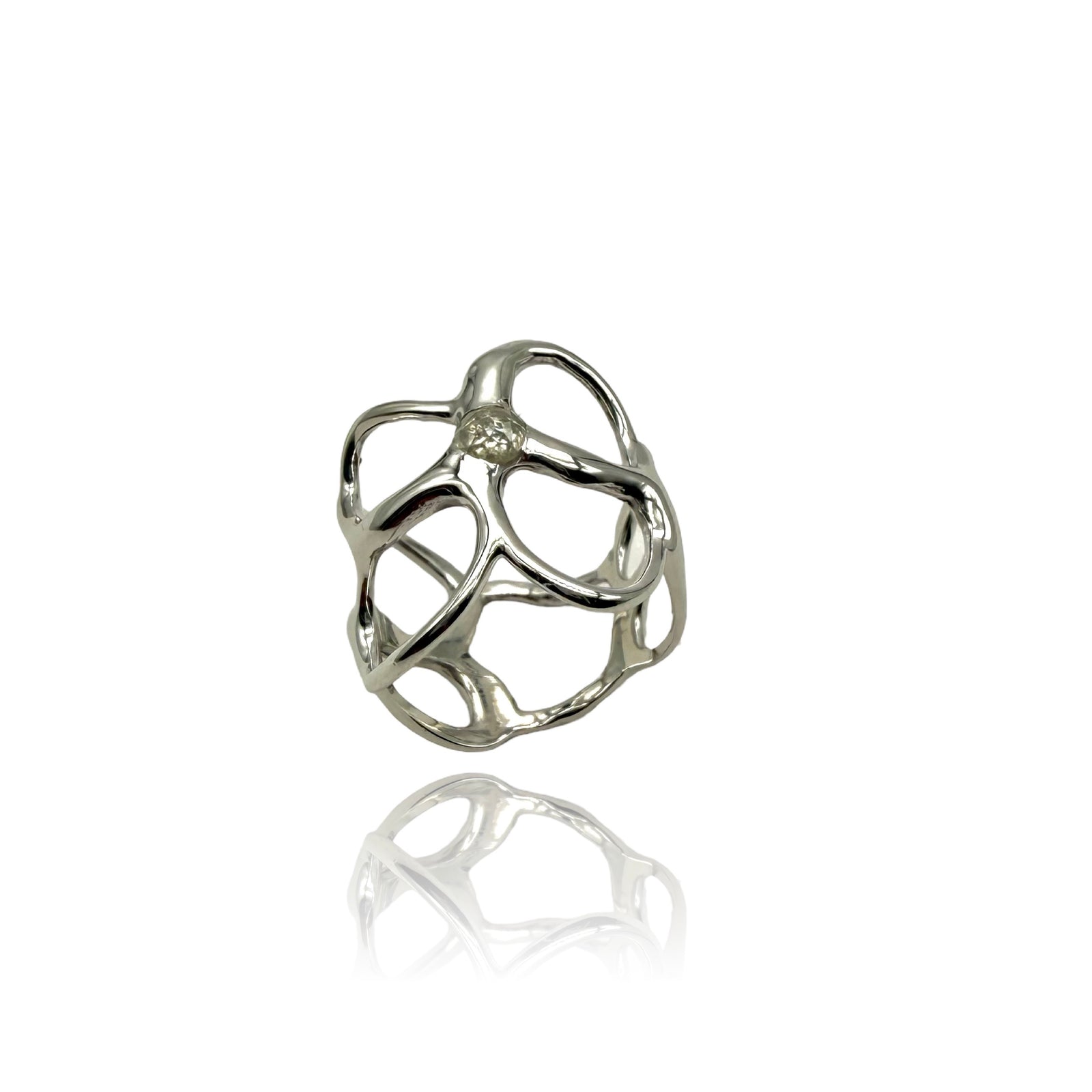 Puffy Reticolo ring in Silver white rhodium plated with icy