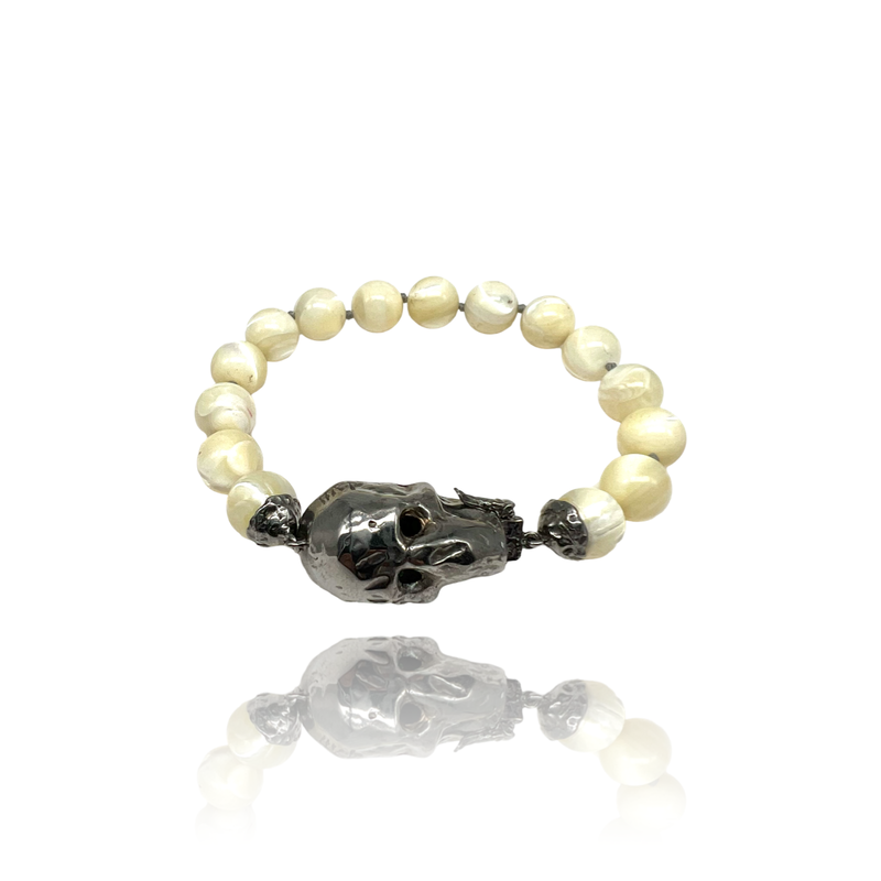 Sterling Silver Big skull  bracelet  with mother of pearl