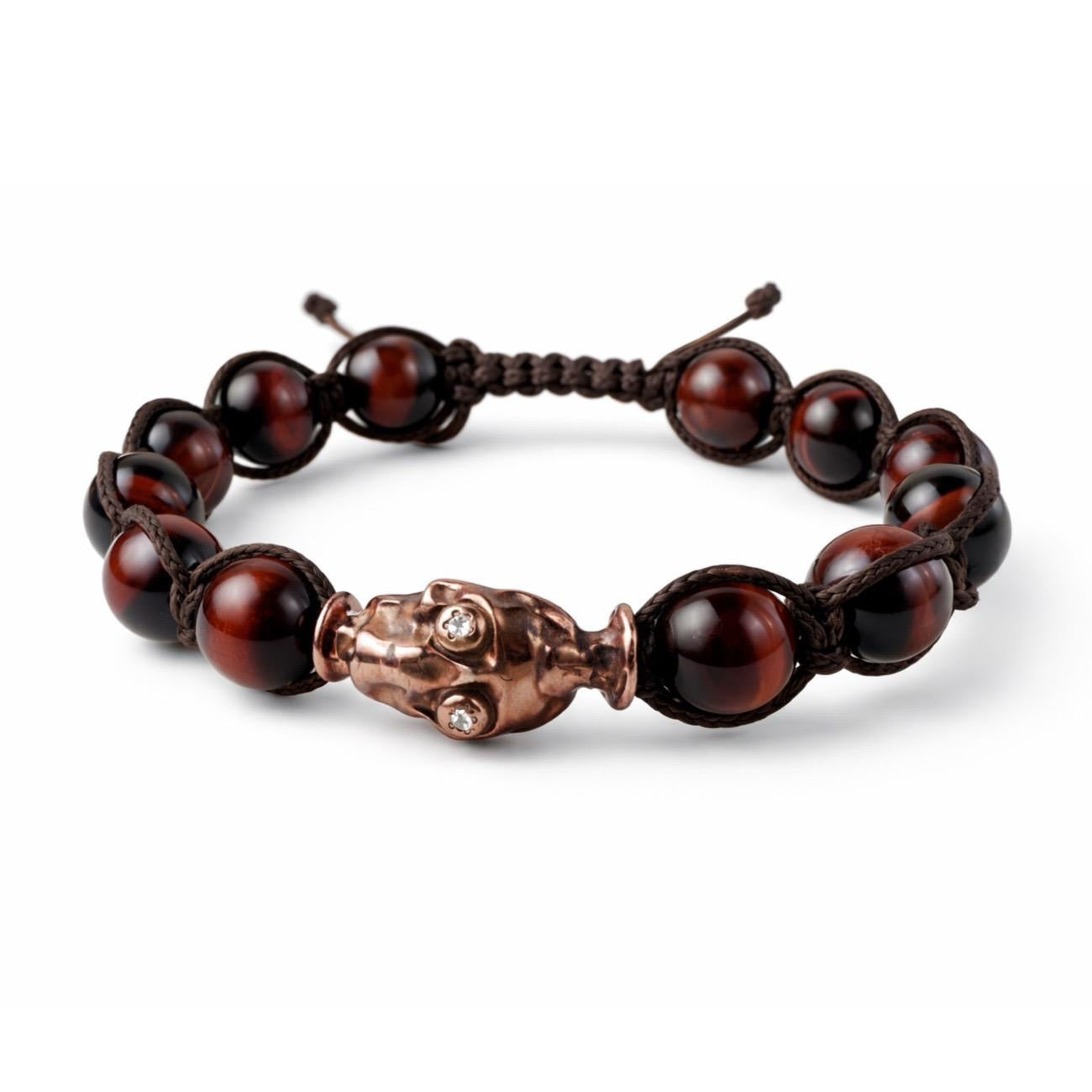 Sterling Silver skull bracelet with Brown  Tiger Eye beads and diamonds