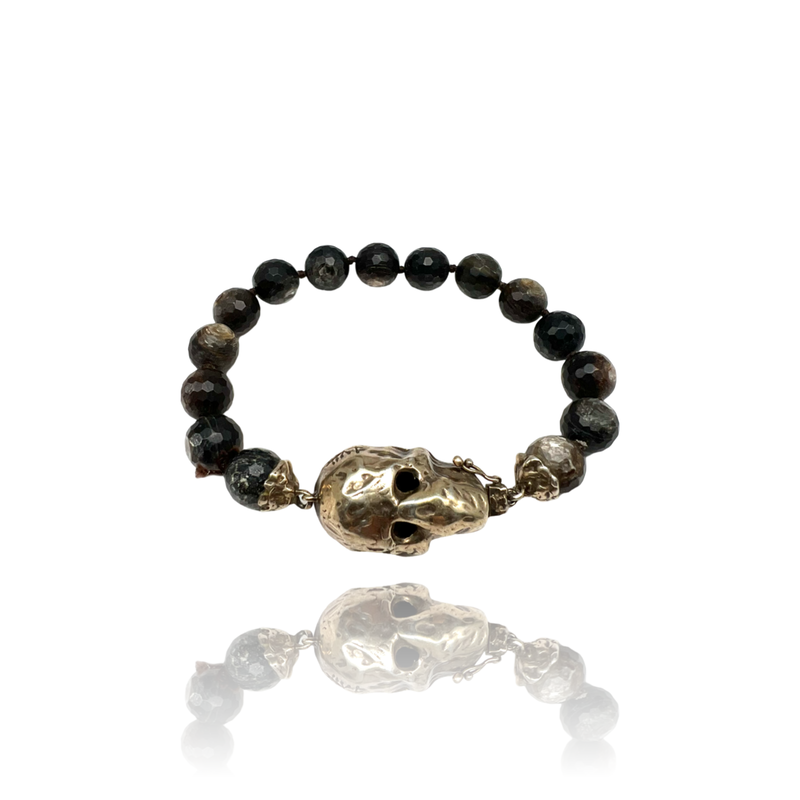 Sterling Silver Big skull bracelet with Agata briolet beaded