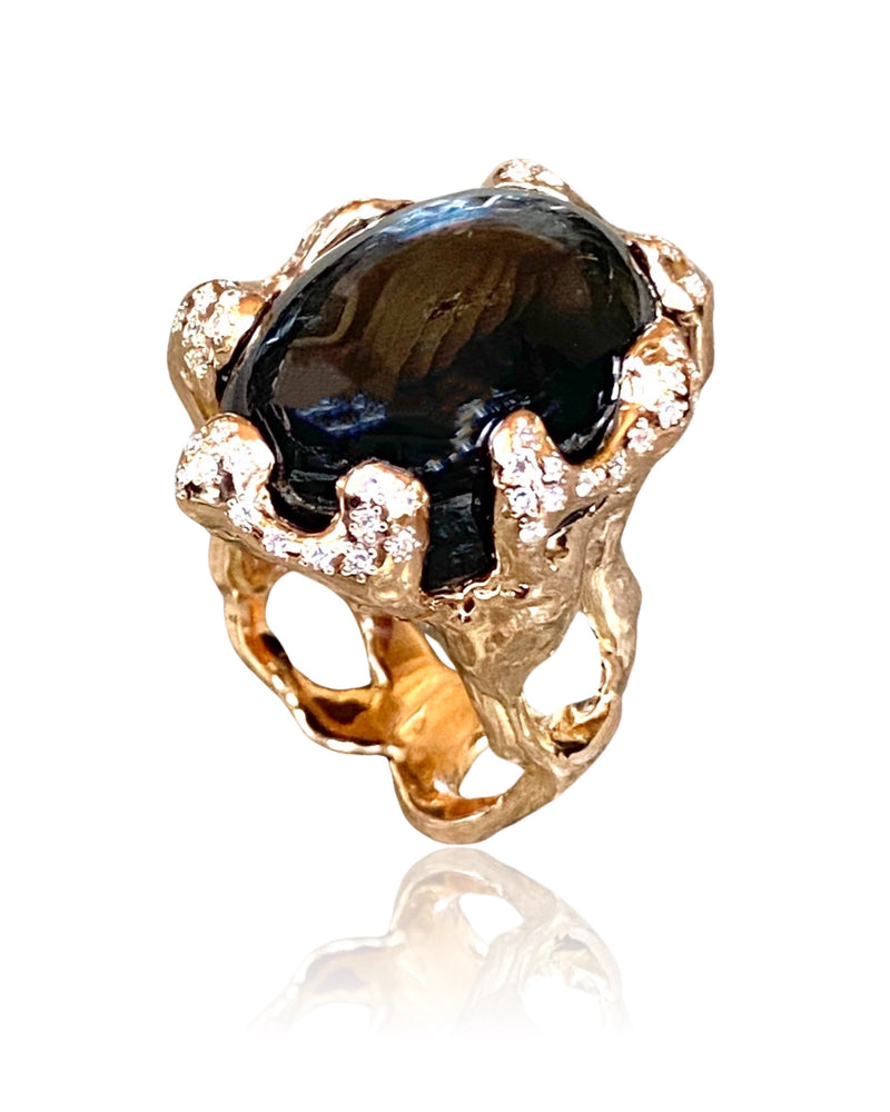 Rose gold Quercus Ring with Black Star Diopside  and Diamonds