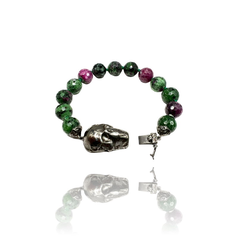 Sterling Silver Big skull bracelet with zoisite and ruby