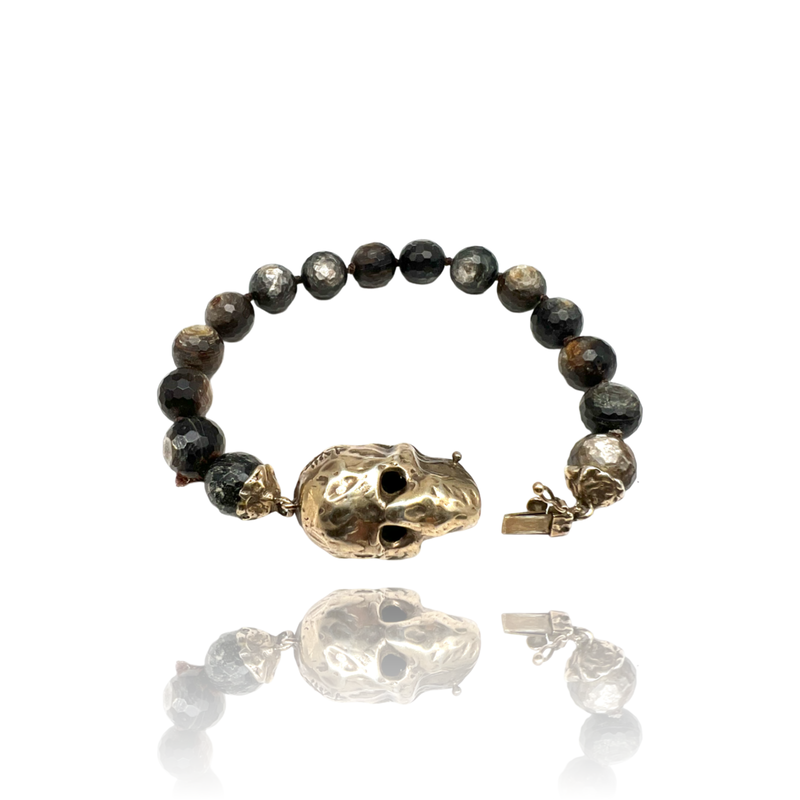 Sterling Silver Big skull bracelet with Agata briolet beaded