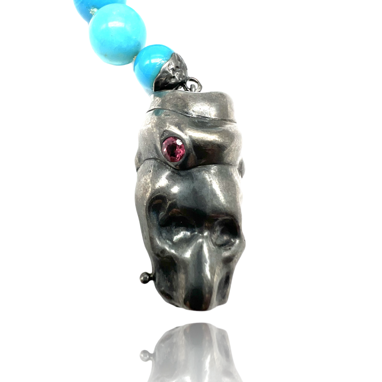 Sterling Silver Big Skull bracelet with turquoise and red tormaline