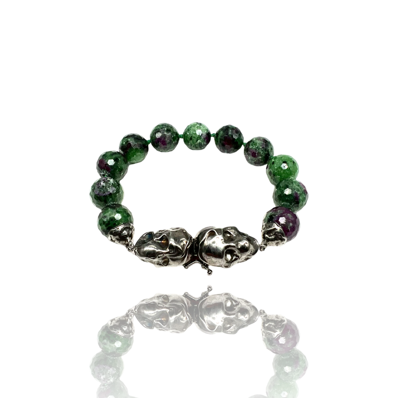 Sterling Silver double skull bracelet with zoisite and ruby