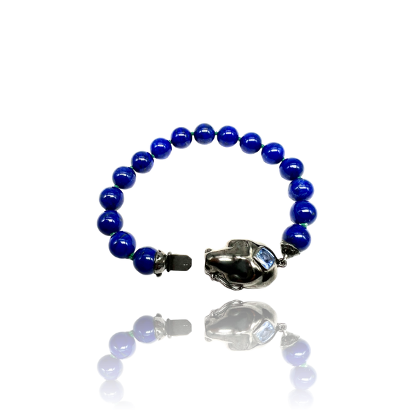 Sterling Silver Big Skull bracelet with lapis beaded and blue sapphire