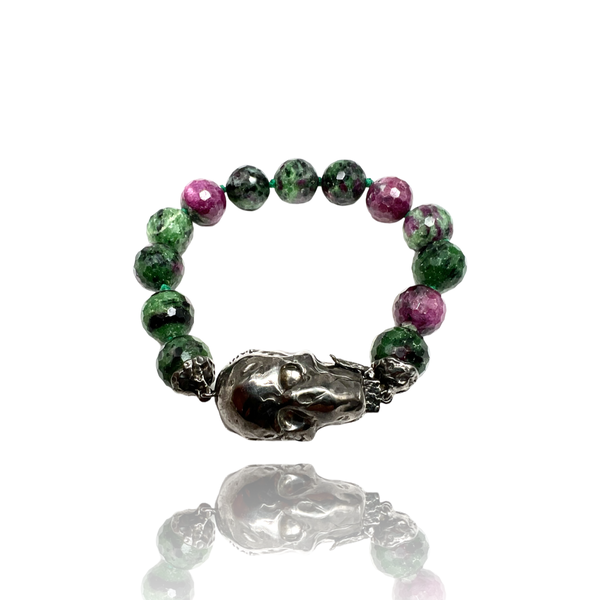 Sterling Silver Big skull bracelet with zoisite and ruby