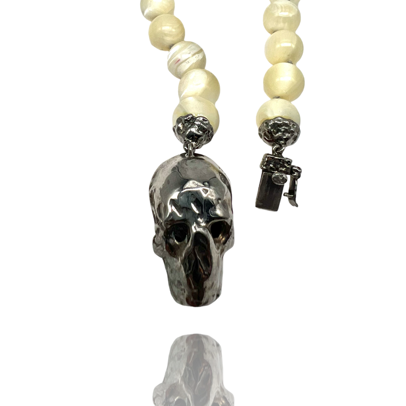 Sterling Silver Big skull  bracelet  with mother of pearl