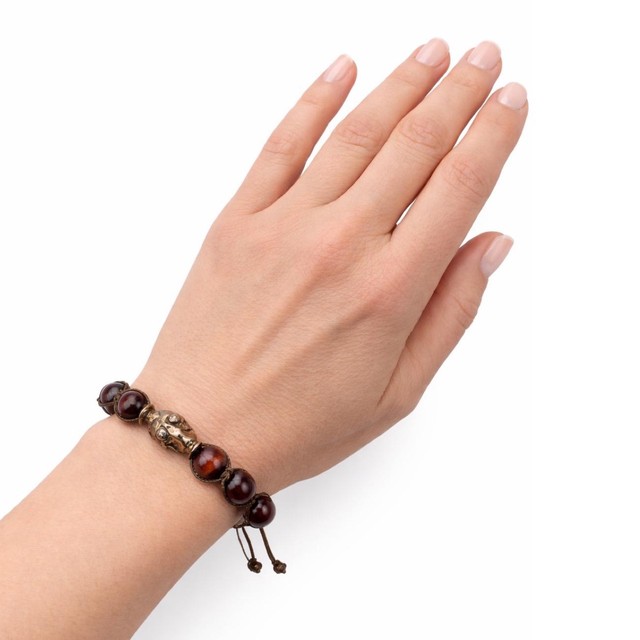 Sterling Silver skull bracelet with Brown  Tiger Eye beads and diamonds