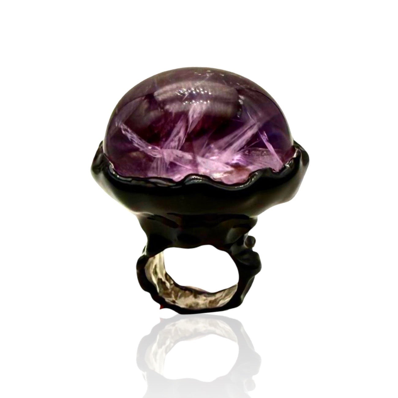 Sterling Silver crateri Ring in black enamel with big ametiste cabochon