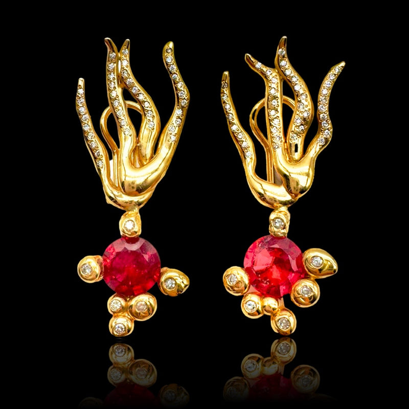 18kt Gold Earrings with red Tourmaline and diamonds