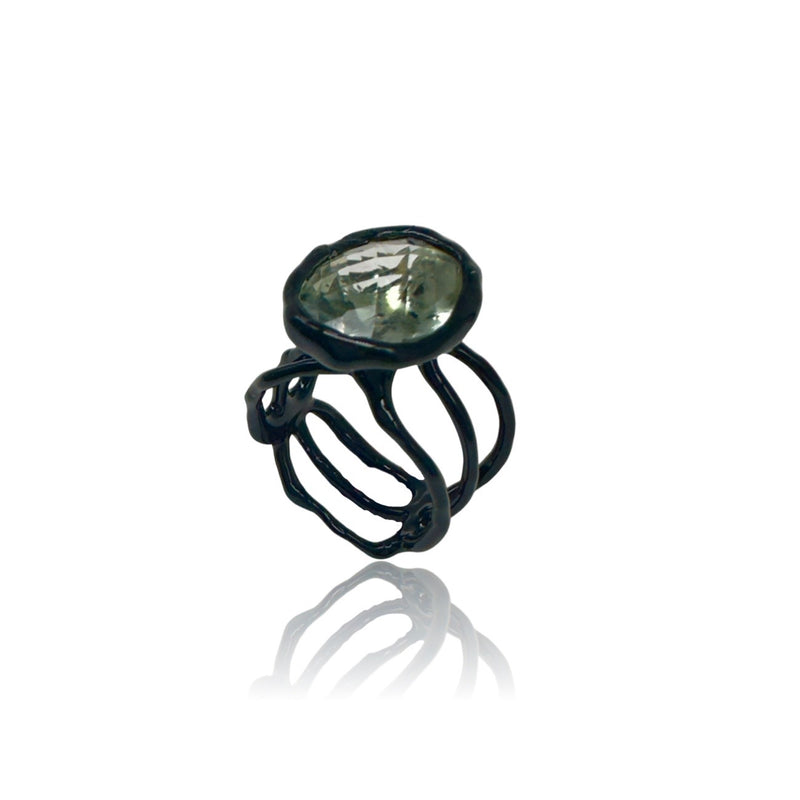 Silver Ring Plated With Black Enamel and Green Quartz