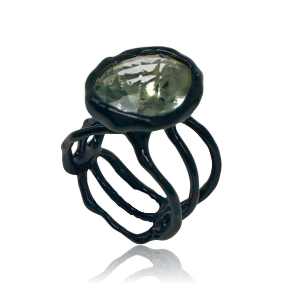 Silver Ring Plated With Black Enamel and Green Quartz