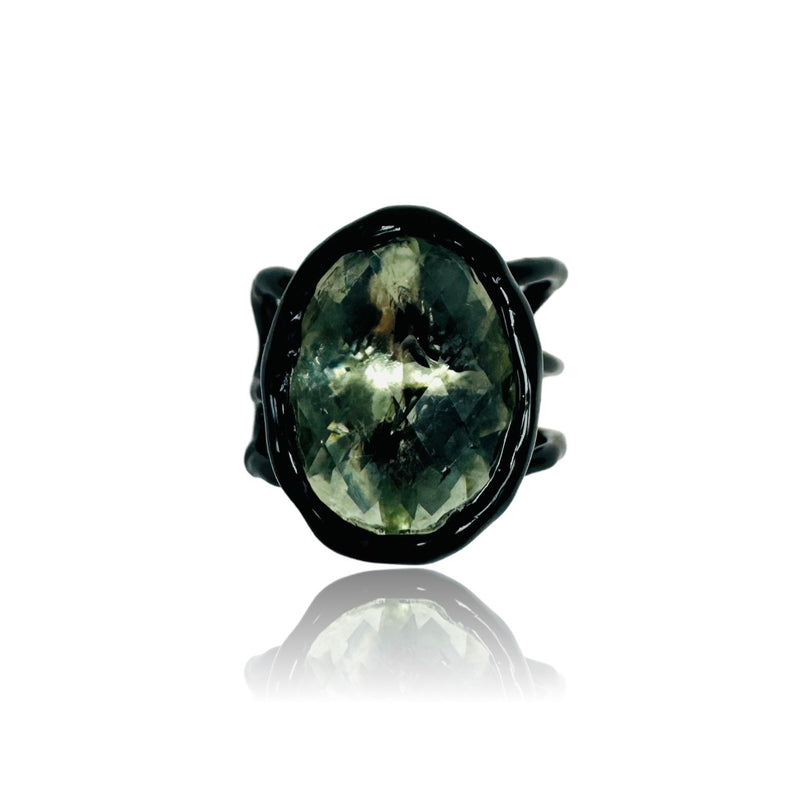 Silver Ring Plated With Black Enamel and Green Quartz