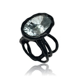 Silver Ring Plated With Black Enamel and Oval Fancy Cut Quartz