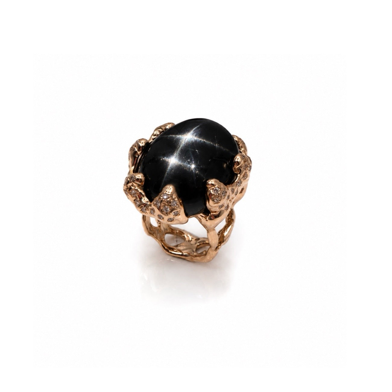 Rose gold Quercus Ring With Black Star Diopside and Diamonds