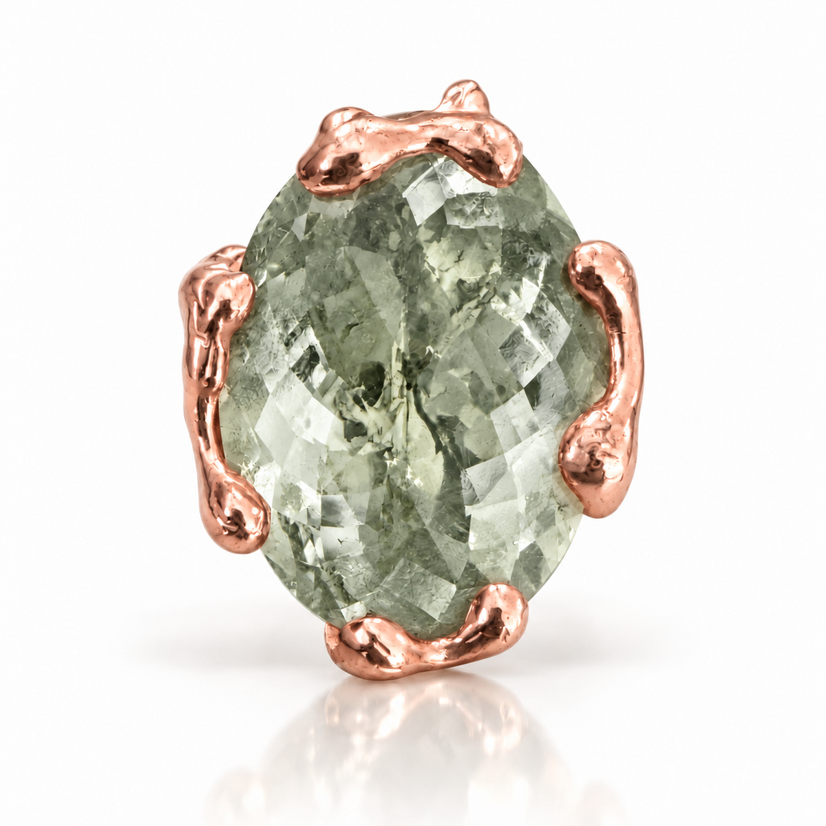 Sterling Silver plated in vermeil Rose Gold plated pois Ring with Oval broiler cut green Quartz