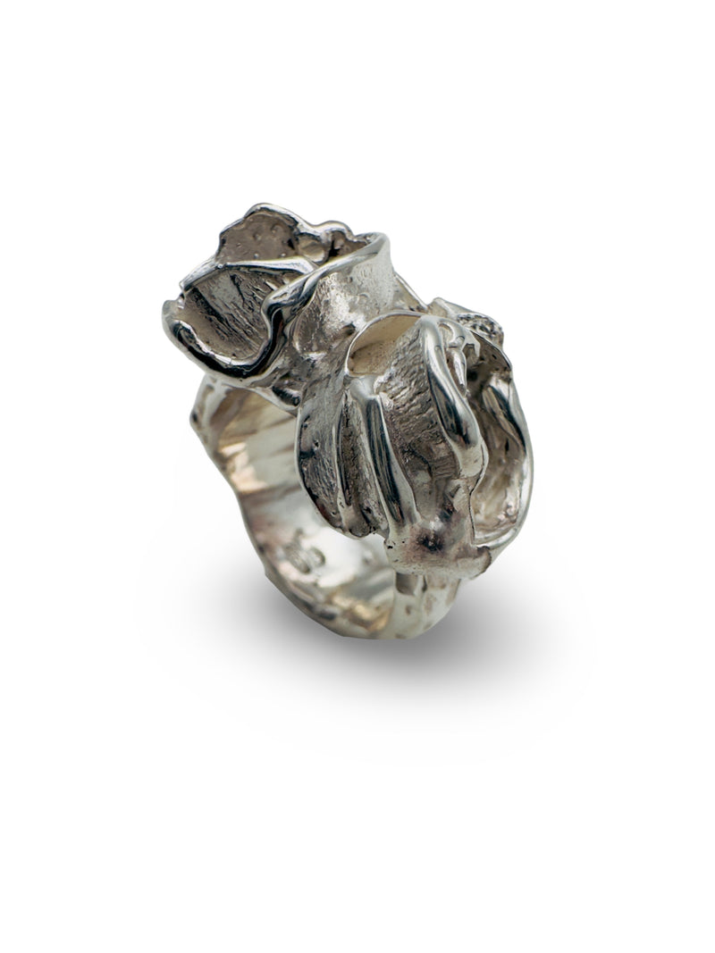 Sculpture #2  925 Silver Plated with White Rhodium Double Rose Ring