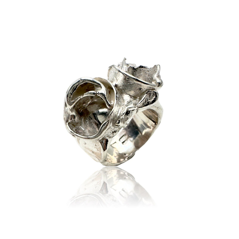 Sculpture #2  925 Silver Plated with White Rhodium Double Rose Ring