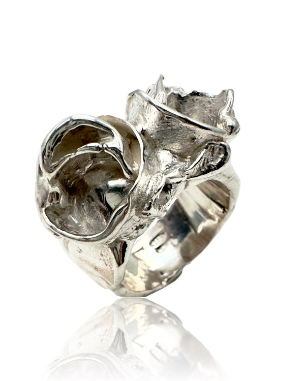 Sculpture #2  925 Silver Plated with White Rhodium Double Rose Ring