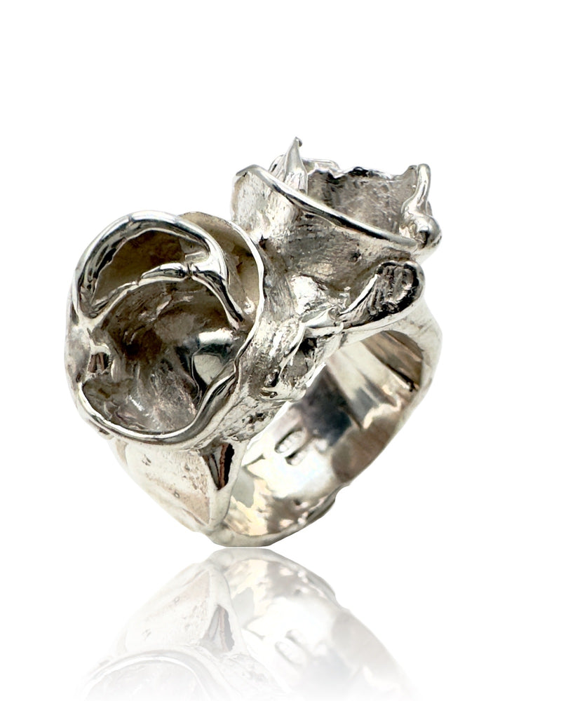 Sculpture #2  925 Silver Plated with White Rhodium Double Rose Ring