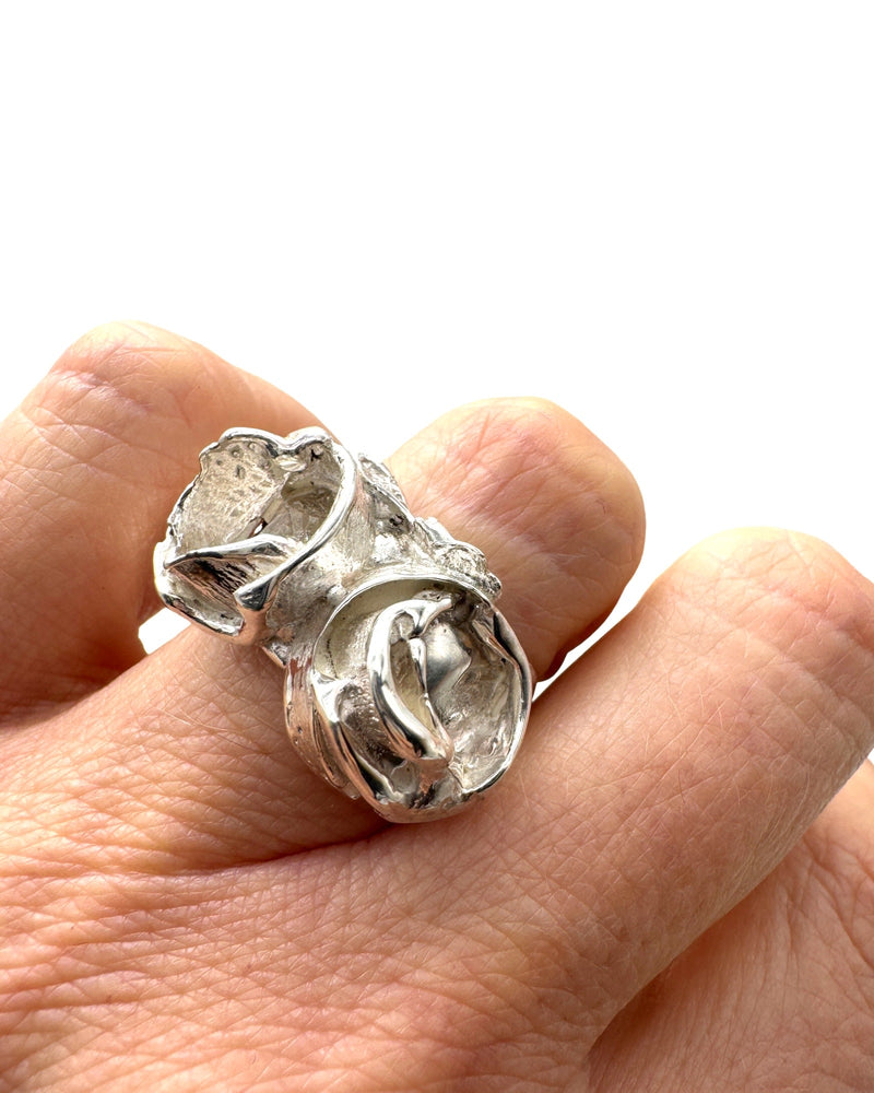 Sculpture #2  925 Silver Plated with White Rhodium Double Rose Ring