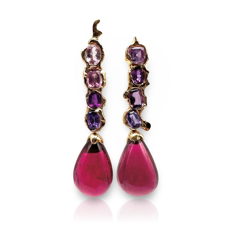 18kt Rose Gold Earring with sapphires and red tormalines