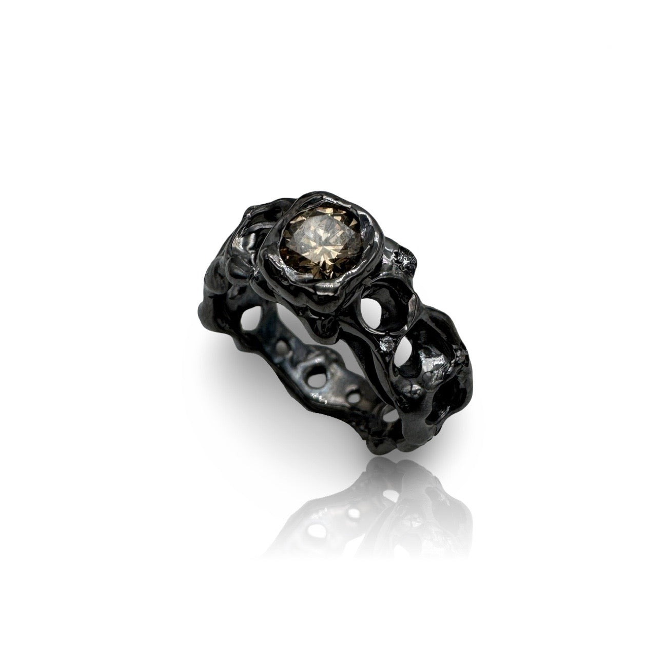 18 kt Black Gold Dentini Ring with central brown diamond and white small diamonds