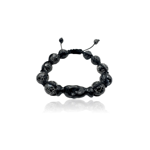 Sterling Silver Skull with Black enamel bracelet with agate beads