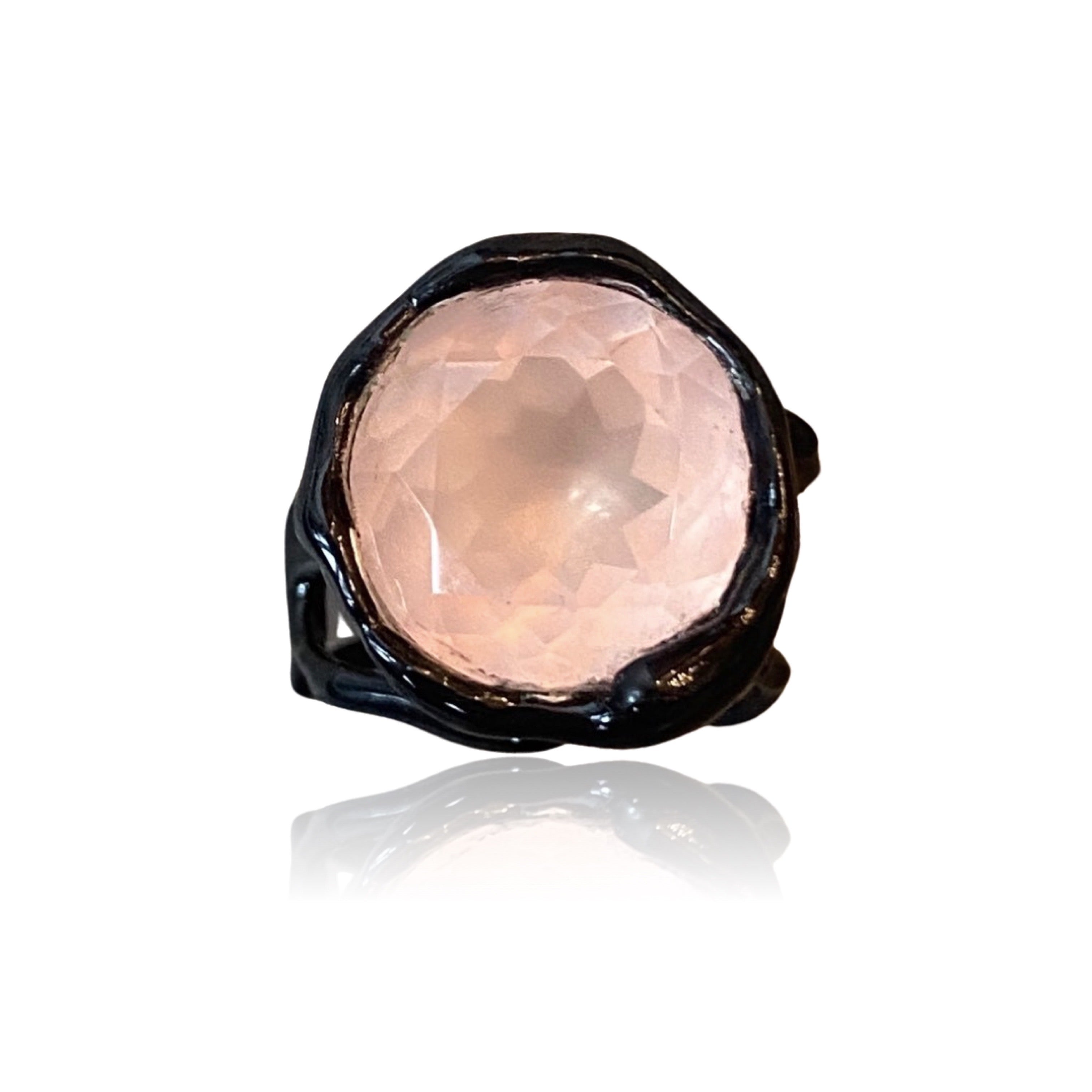 Silver Enamel Black Plated Ring With Rose Round Quartz