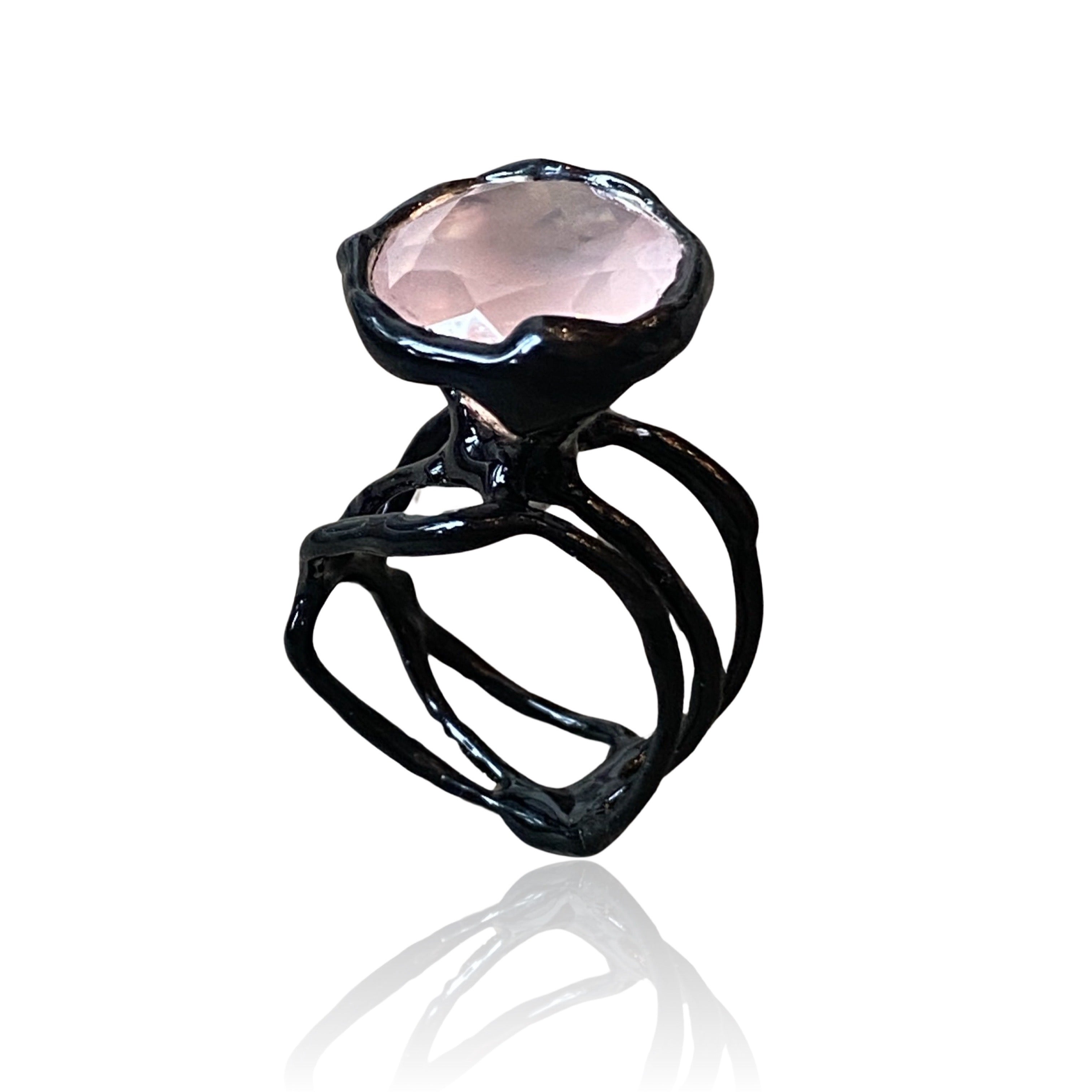 Silver Enamel Black Plated Ring With Rose Round Quartz
