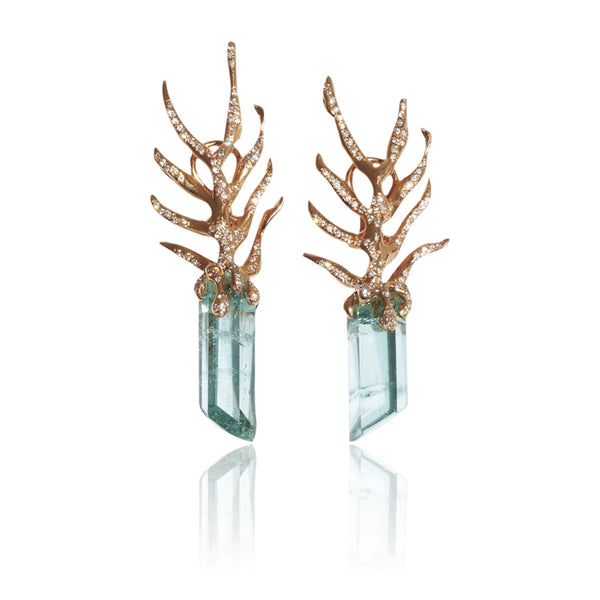 18k Gold Earrings with Aquamarine and Diamonds