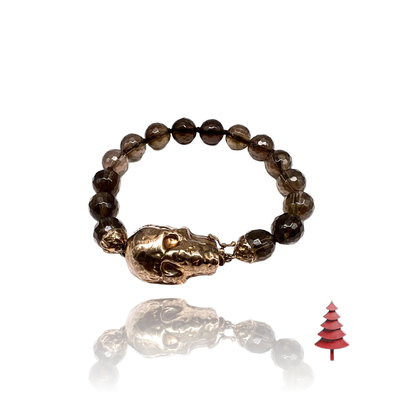 Sterling Silver Big skull bracelet with smoke Quartz