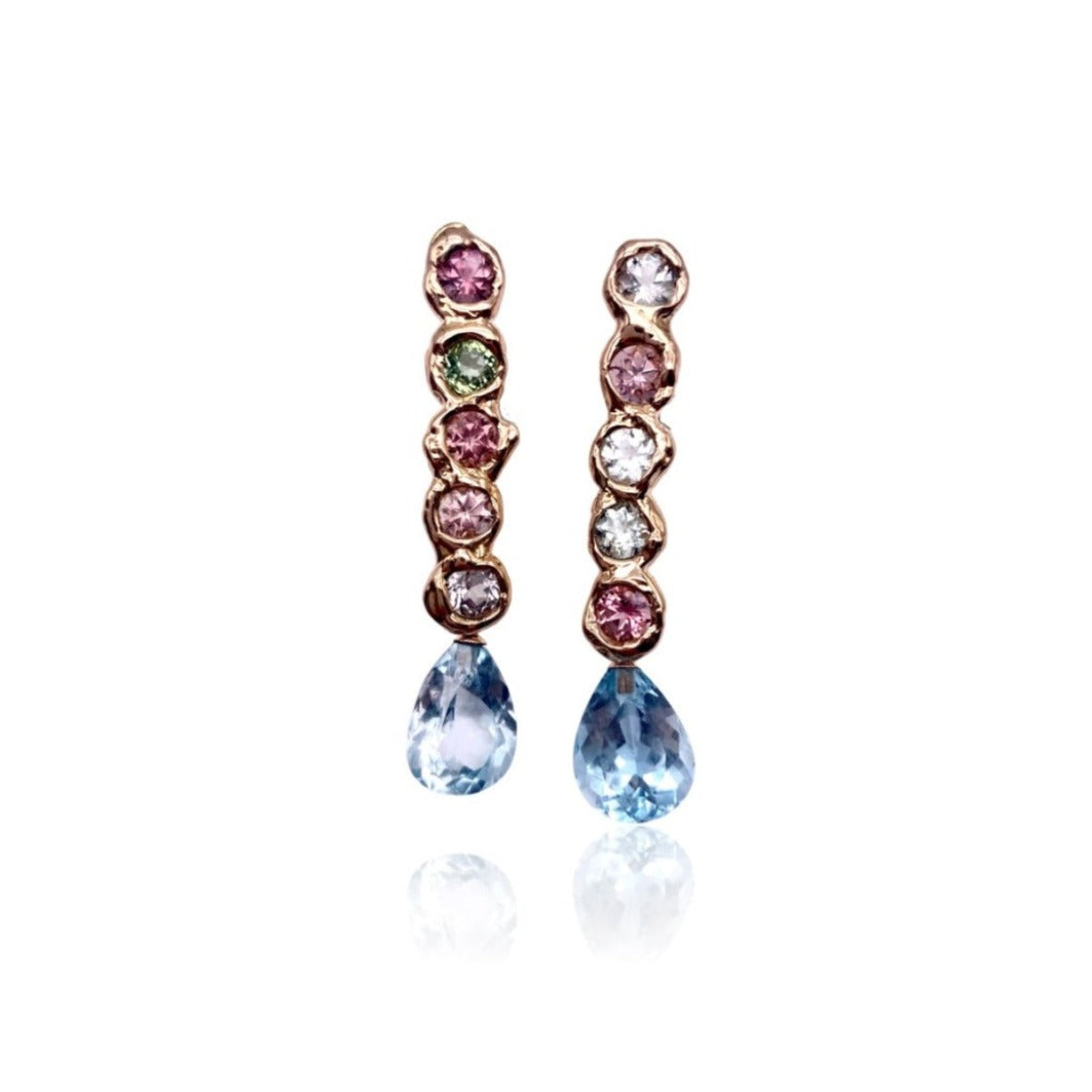 18kt Rose Gold sparkling Bar Earrings with Tourmaline and Topaz