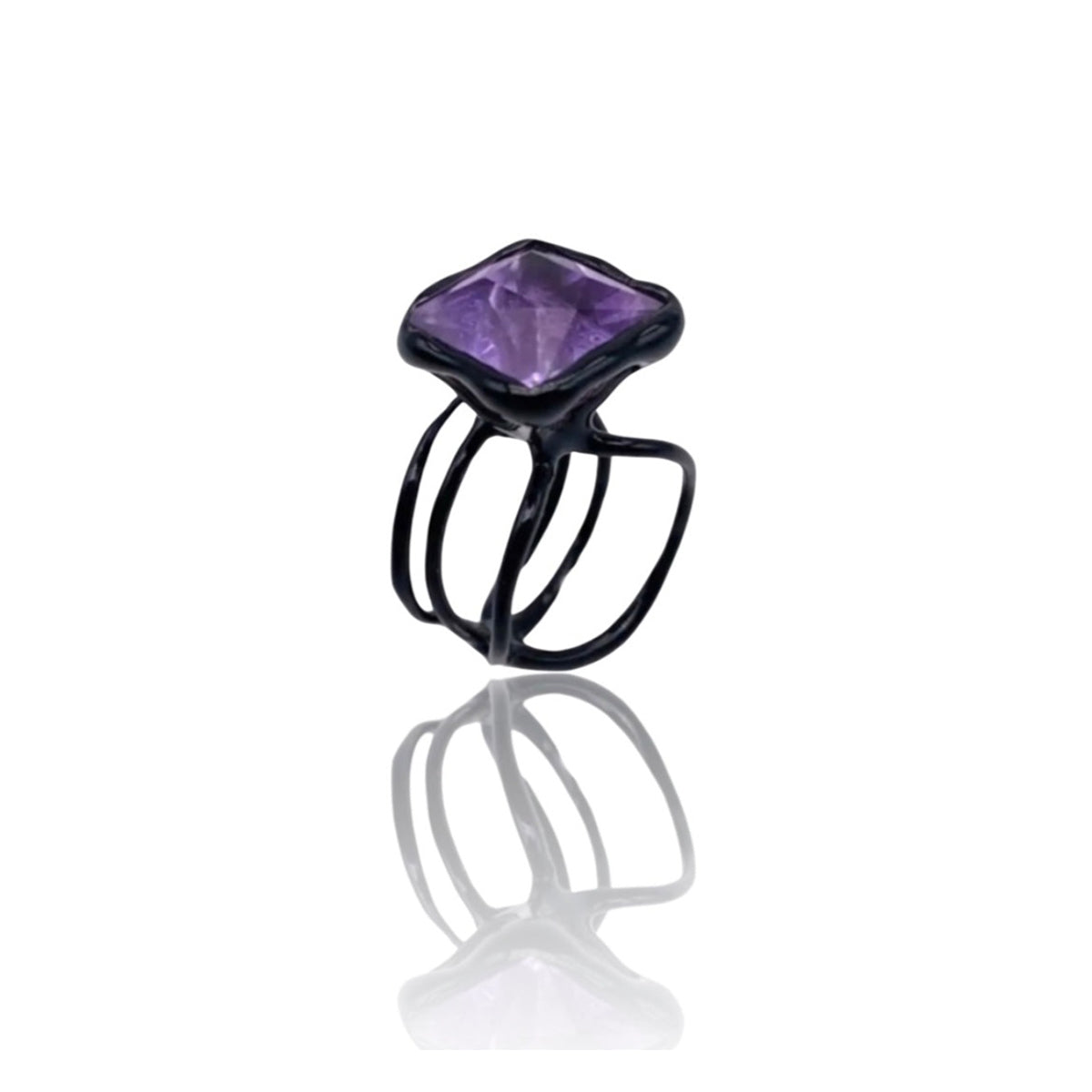 Silver Ring Plated with Black Enamel and Amethyst