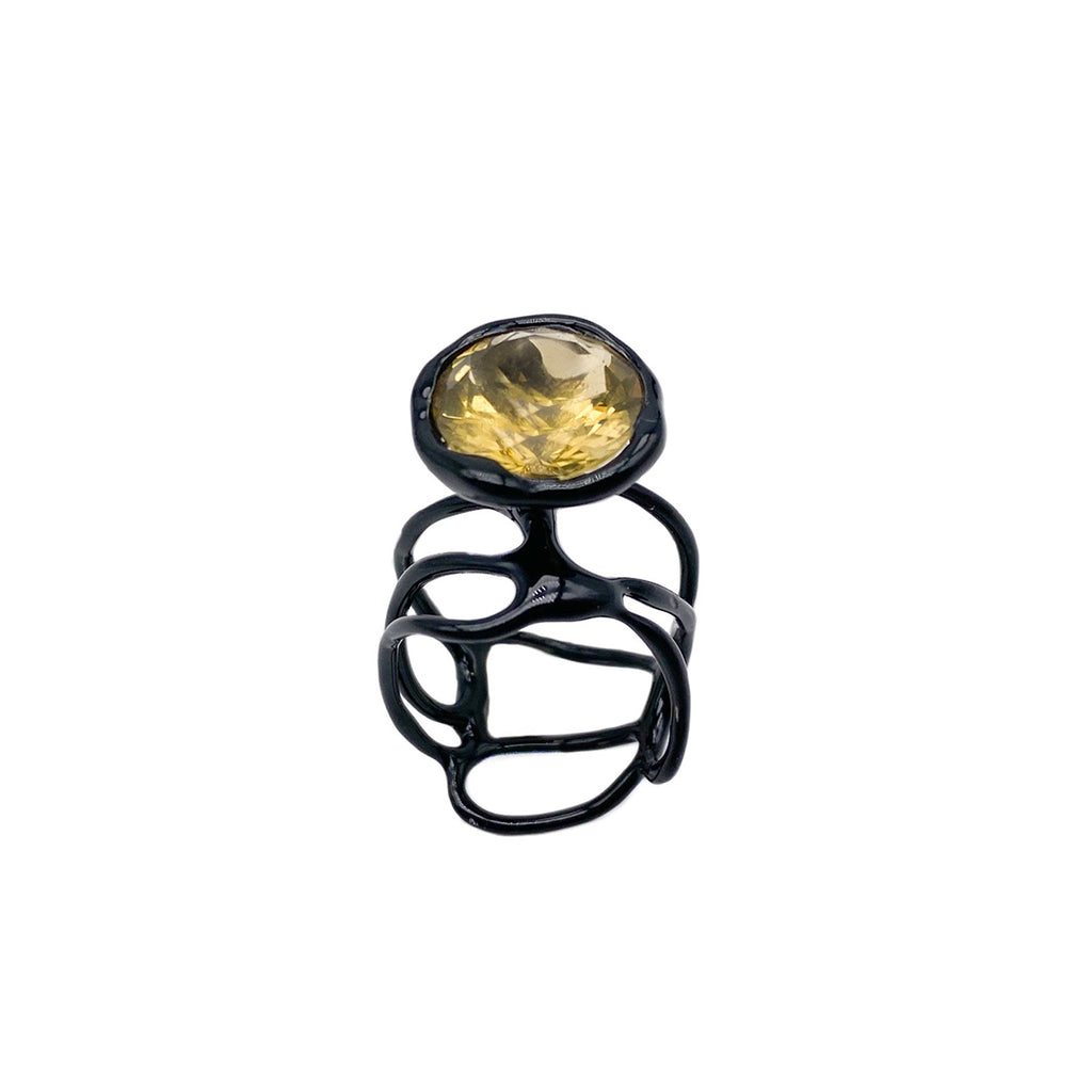 Silver Ring Plated With Black Enamel and Citrine Quartz