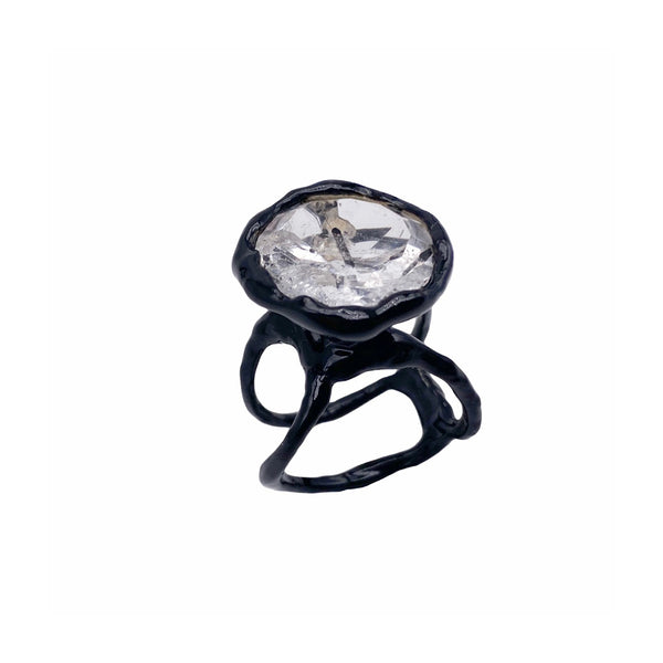 Siver Black Enamel Plated Ring and Quartz With Tourmaline Inclusion