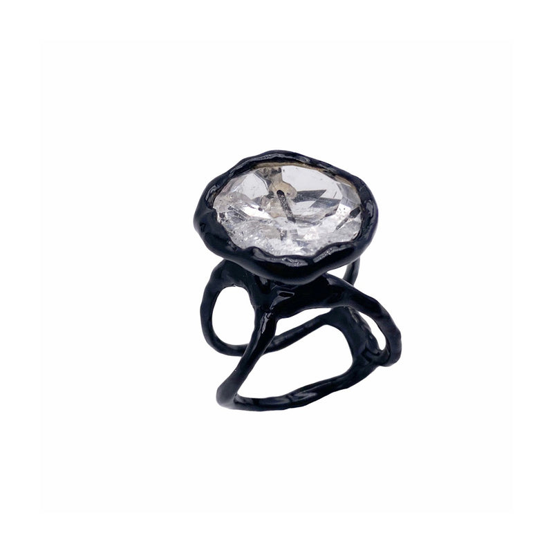Siver Black Enamel Plated Ring and Quartz With Tourmaline Inclusion