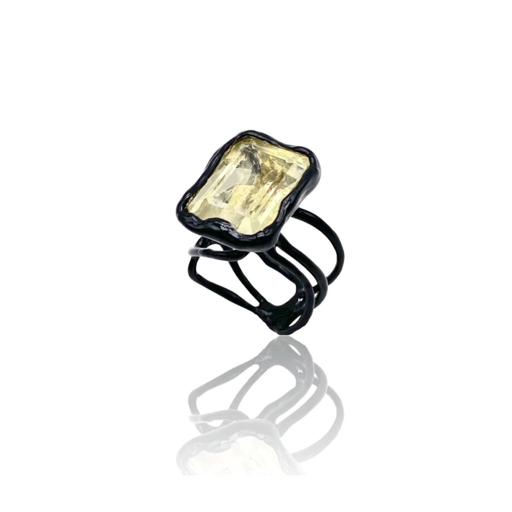 Silver Ring Plated With Black enamel and Citrine Quartz
